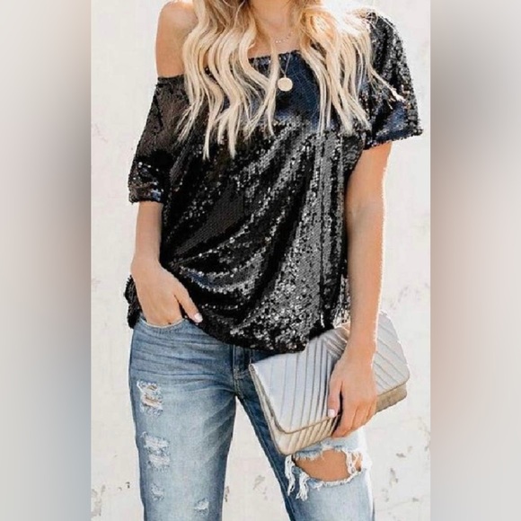 Elegant Shimmery Dew Shoulder Neckline W/Short Sleeves Sequin Detail Dress Top - Picture 3 of 14